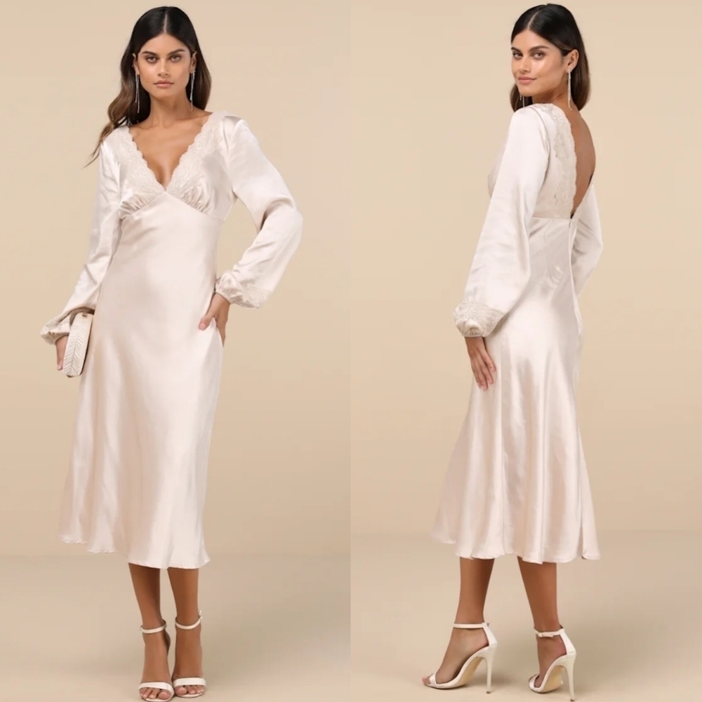 Lulus Illustrious Elegance Champagne Satin Long Sleeve Midi Dress Wedding Party